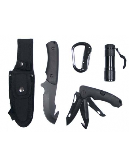 Compre o conjunto de faca e canivete MFH pretos com lanterna LED.