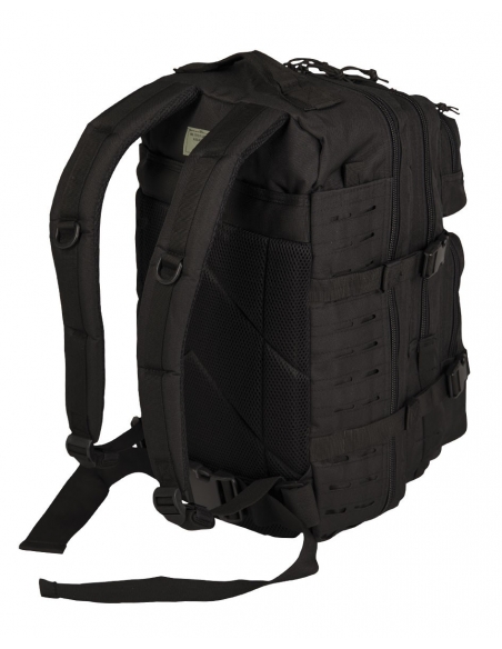 Compre a mochila tática militar MilTec US Assault LG de 36 litros, preta, com corte a laser e fecho de velcro.