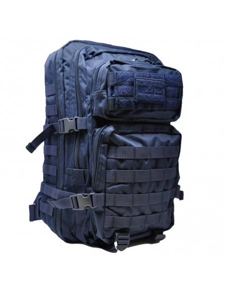 Mochila tática militar MilTec US Assault LG de 36 litros, azul, com fecho frontal em velcro.