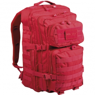 Mochila tática militar MilTec US Assault LG de 36 litros, vermelha, com fecho frontal em velcro.
