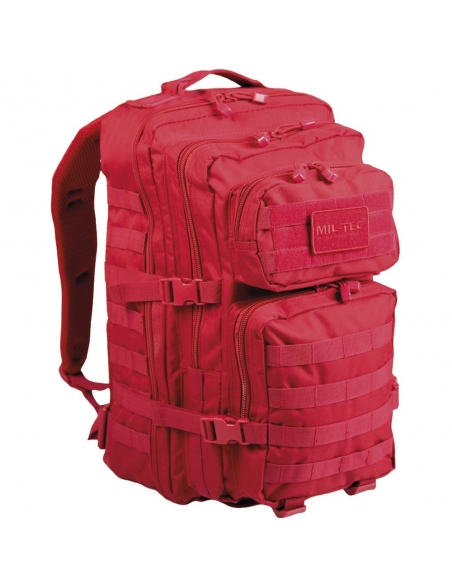 Mochila tática militar MilTec US Assault LG de 36 litros, vermelha, com fecho frontal em velcro.