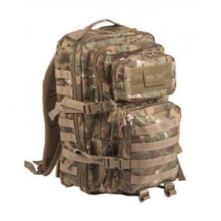 Mochila tática militar MilTec US Assault LG de 36 litros, camuflagem Woodland Arid, com fecho frontal em velcro.
