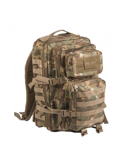 Mochila tática militar MilTec US Assault LG de 36 litros, camuflagem Woodland Arid, com fecho frontal em velcro.