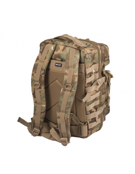 Compre a mochila tática militar MilTec US Assault LG de 36 litros, modelo Woodland Arid, com fecho frontal em velcro.