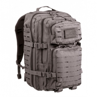 Mochila tática militar MilTec US Assault LG de 36 litros, cinza urbano com corte a laser e fecho de velcro.
