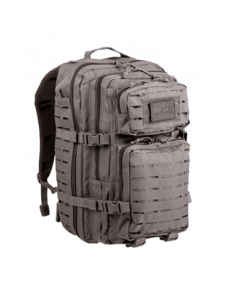 Mochila tática militar MilTec US Assault LG de 36 litros, cinza urbano com corte a laser e fecho de velcro.