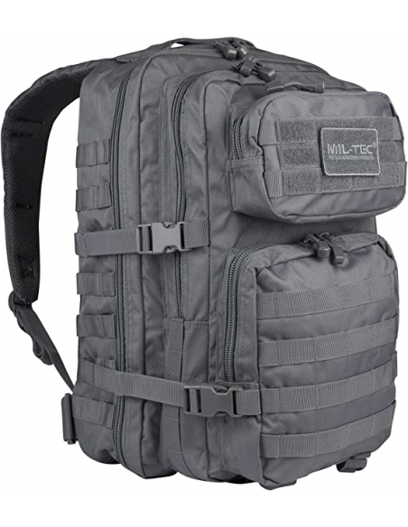 Mochila tática militar MilTec US Assault LG de 36 litros, cinza urbano, com fecho frontal em velcro.