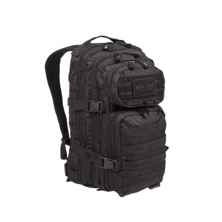 Mochila tática militar MilTec US Assault SM de 20 litros, preta, com fecho de velcro.