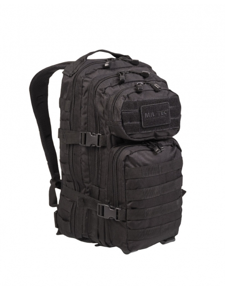Mochila tática militar MilTec US Assault SM de 20 litros, preta, com fecho de velcro.
