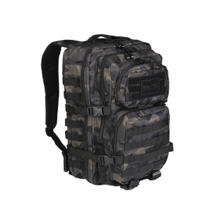 Mochila tática militar MilTec US Assault de 36 litros, camuflagem escura, com fecho frontal em velcro.