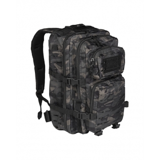 Mochila tática militar MilTec US Assault LG de 36 litros com corte a laser e camuflagem escura.