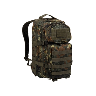 Mochila tática militar MilTec US Assault SM de 20 litros com estampa Flecktarn e fecho de velcro.