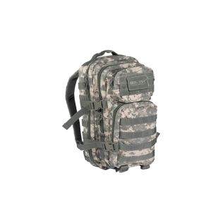 Mochila tática militar digital MilTec US Assault SM de 20 litros com velcro frontal.
