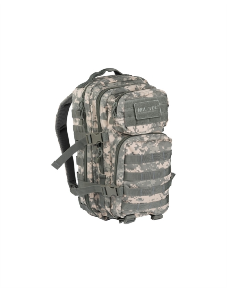 Mochila tática militar digital MilTec US Assault SM de 20 litros com velcro frontal.