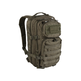 Mochila tática militar MilTec US Assault SM de 20 litros, verde com fecho frontal em velcro.