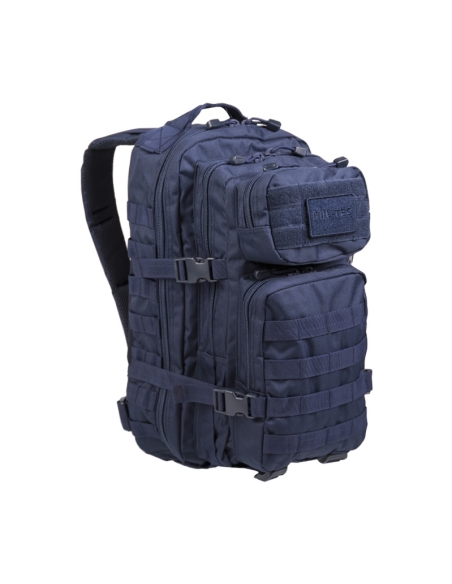 Mochila tática militar MilTec US Assault SM de 20 litros, azul, com fecho frontal em velcro.