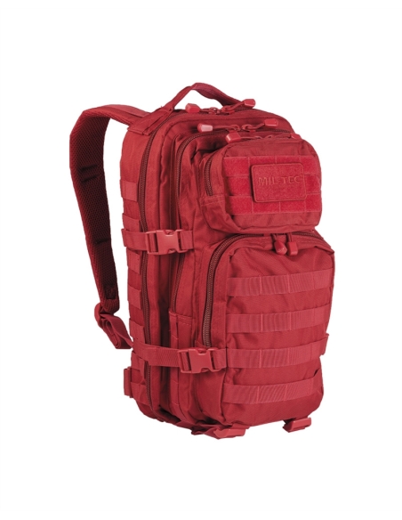 Mochila tática militar MilTec US Assault SM de 20 litros, vermelha, com fecho frontal em velcro.