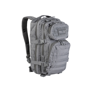 Mochila tática militar MilTec US Assault SM de 20 litros, cinza urbano, com fecho frontal em velcro.