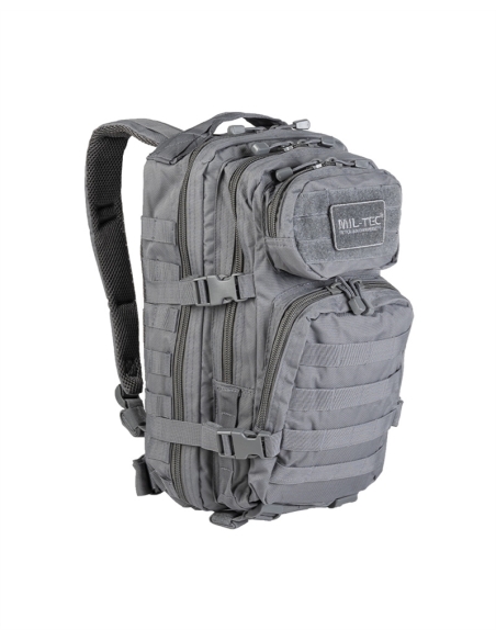 Mochila tática militar MilTec US Assault SM de 20 litros, cinza urbano, com fecho frontal em velcro.