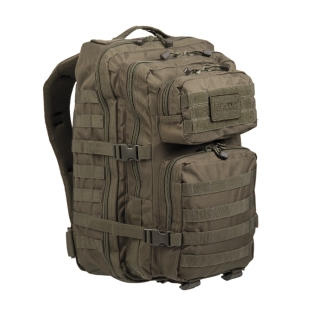 Mochila tática militar MilTec US Assault LG de 36 litros, verde com fecho frontal em velcro.