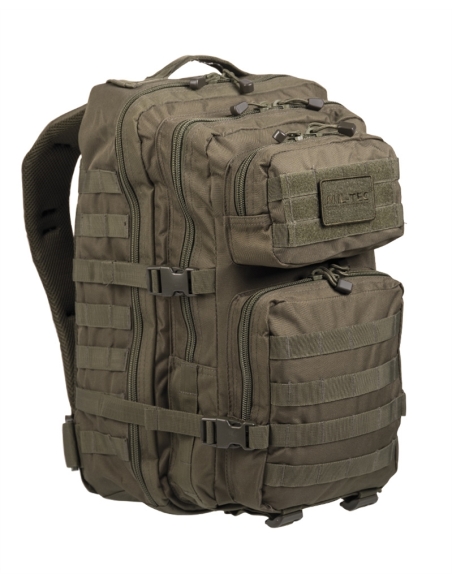 Mochila tática militar MilTec US Assault LG de 36 litros, verde com fecho frontal em velcro.