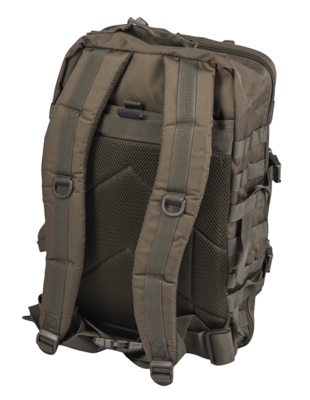 Mochila tática militar MilTec US Assault LG de 36 litros, verde com fecho frontal em velcro.