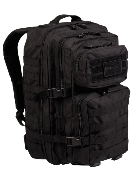 Mochila tática militar MilTec US Assault LG de 36 litros, preta, com fecho frontal em velcro.