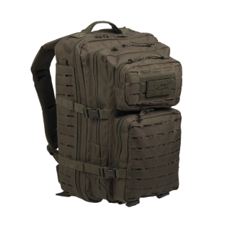 Mochila tática militar MilTec US Assault LG de 36 litros com corte a laser na cor verde.