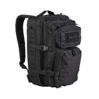 Mochila tática militar MilTec US Assault LG de 36 litros, preta, com corte a laser e fecho de velcro.