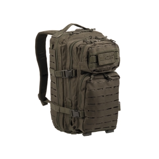 Mochila tática militar MilTec US Assault SM de 20 litros, verde, com corte a laser e fecho frontal em velcro.
