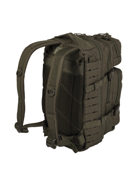 Compre a mochila tática militar MilTec US Assault SM de 20 litros, verde, com corte a laser e fecho frontal em velcro.