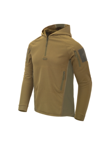 Moletom tático com capuz Helikon-Tex Range nas cores coyote e verde adaptável.