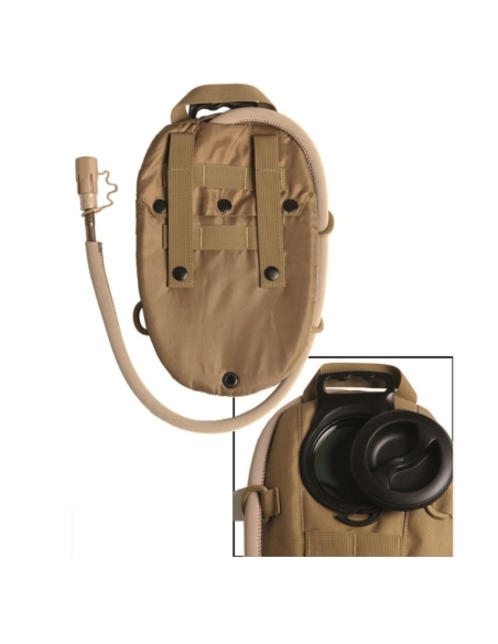 Mochila de hidratação MilTec Molle de 1 litro, cor coyote na frente e nas costas.